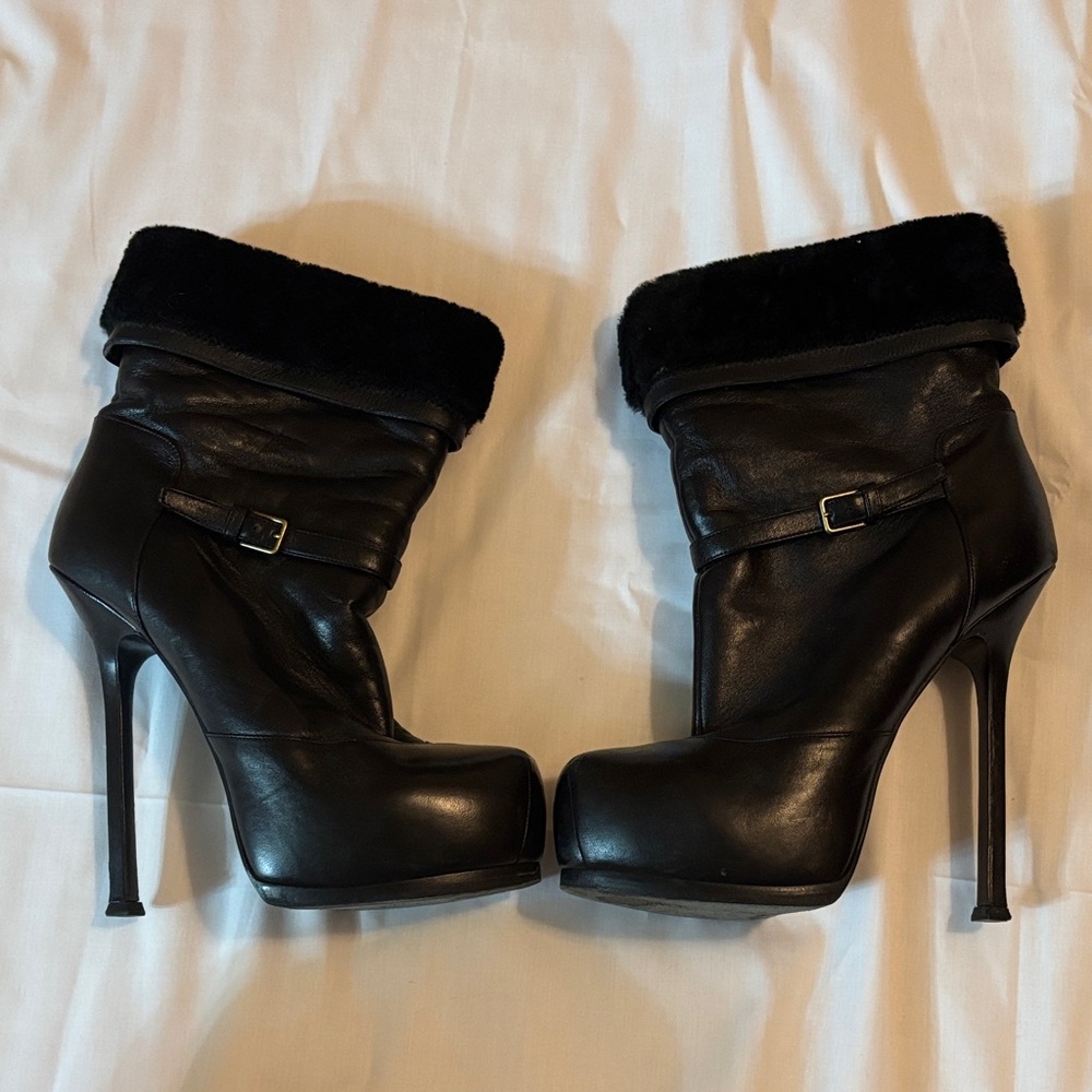 YSL Black Women's High-Heel Leather Ankle Boots with Fur Cuff